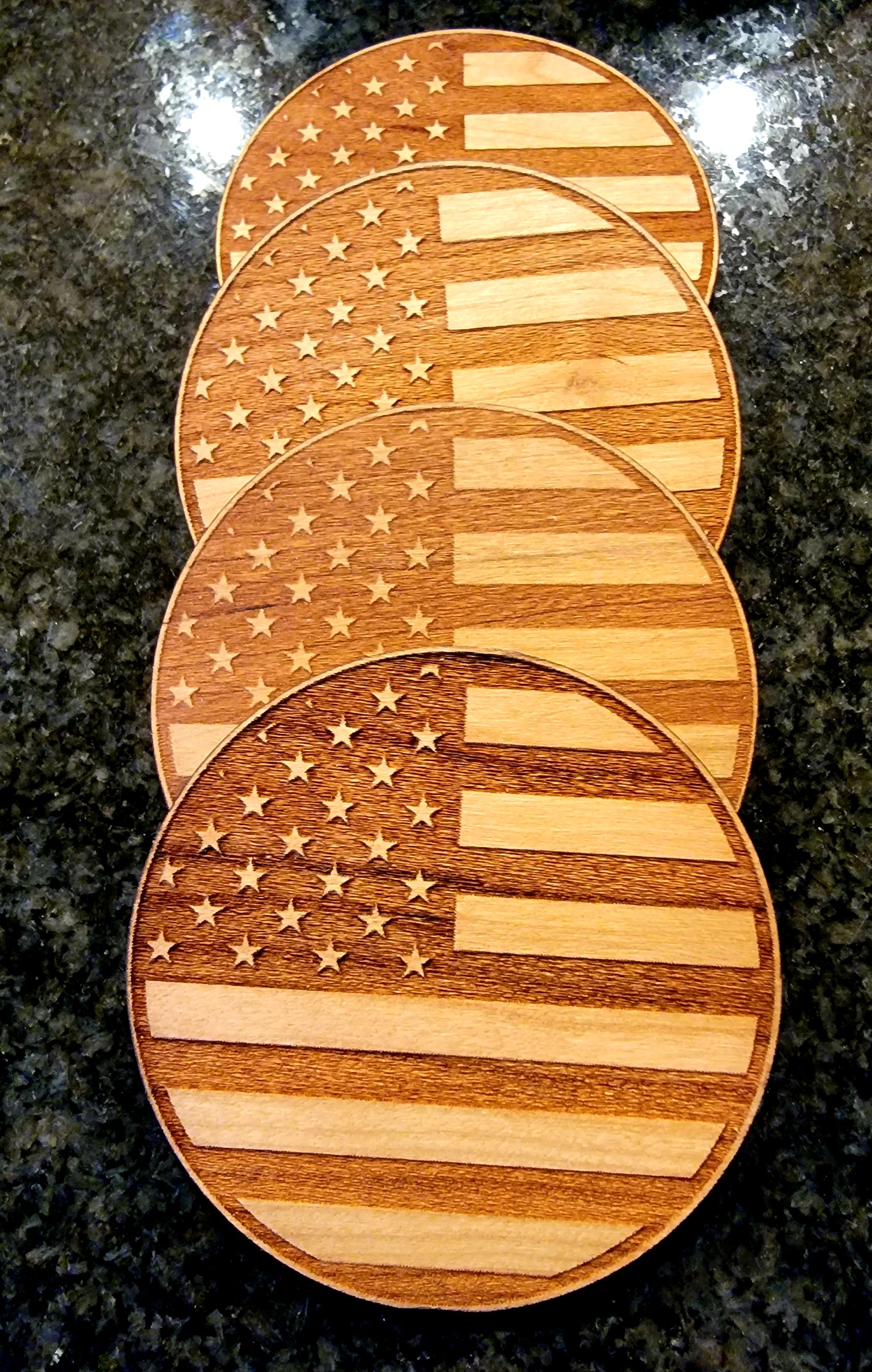 American Flag Hardwood Patriotic Wood Coaster Set – Handcrafted by U.S. Veterans