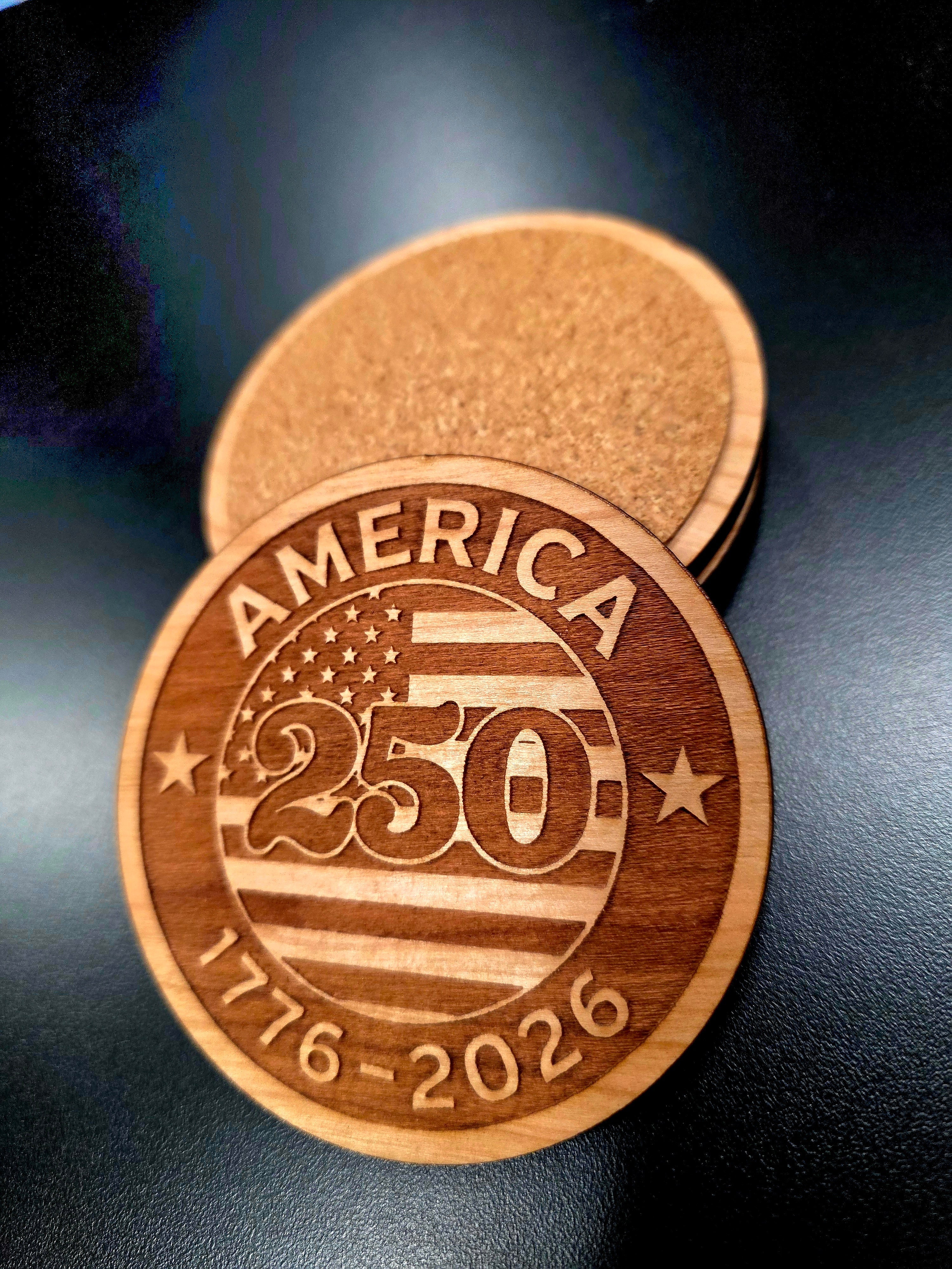 250th Anniversary Patriotic Wood Coaster Set of 4 – Handcrafted by U.S. Veterans